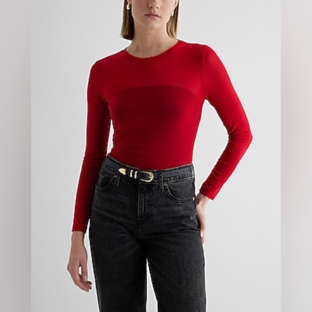 Express Long-sleeve Fitted Mesh Top Lipstick Red EUC